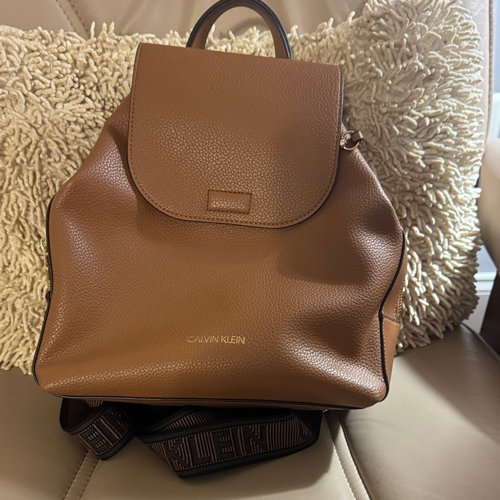 Calvin Klein Tan Leather Backpack with attached coin pouch